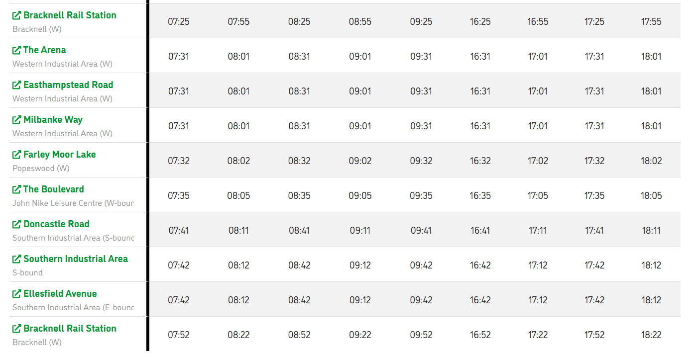 BID shuttle bus timetable
