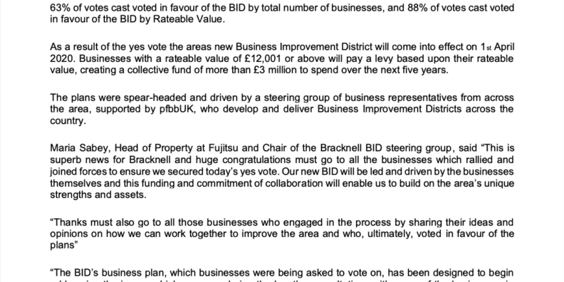 20191202 Bracknell BID Press Release 10 - Its a YES and preparation for Ops